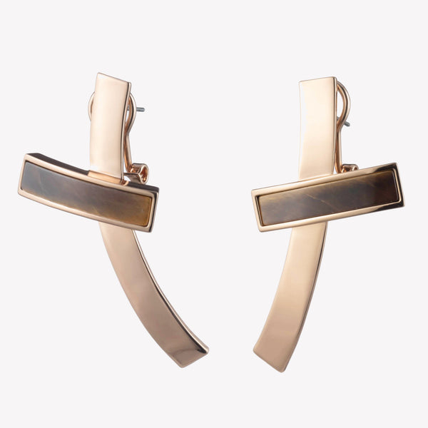 INLAID CROSSBAR EARRINGS - TIGER EYE